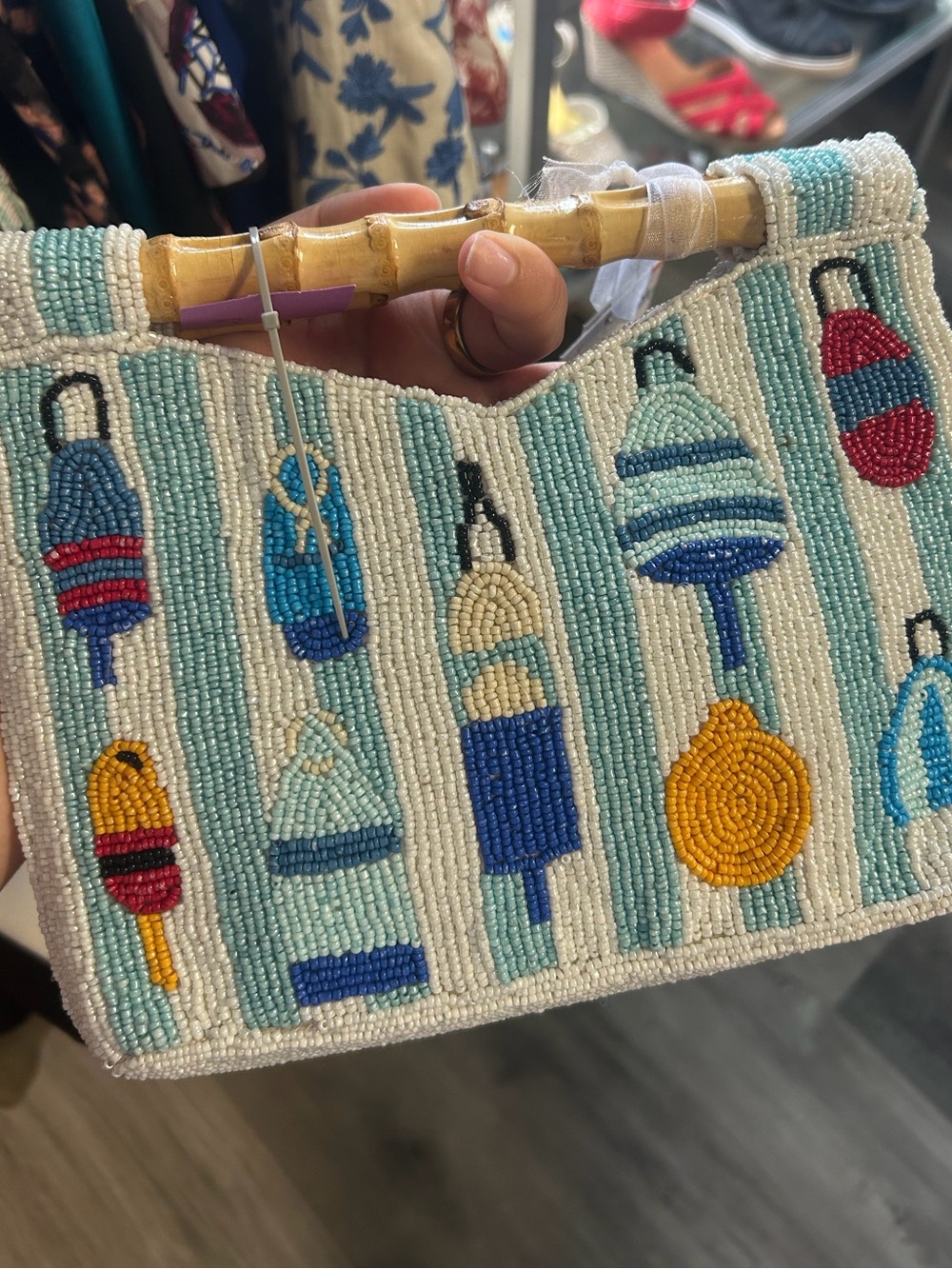 Beaded Buoy Stripe Clutch Bag - Blue & White